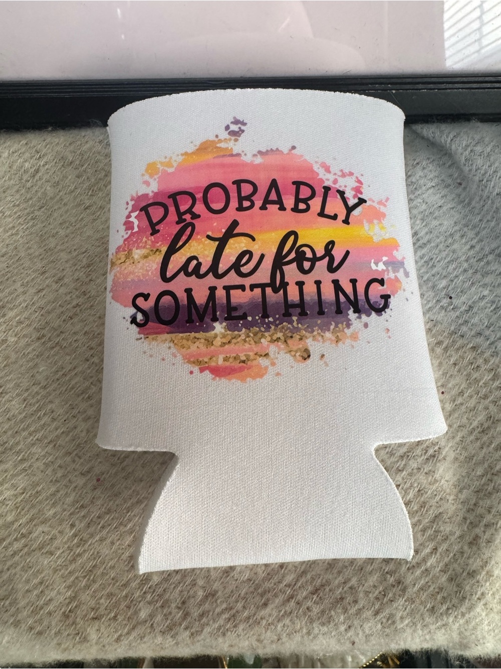 White Can Cooler with Colorful Watercolor Text